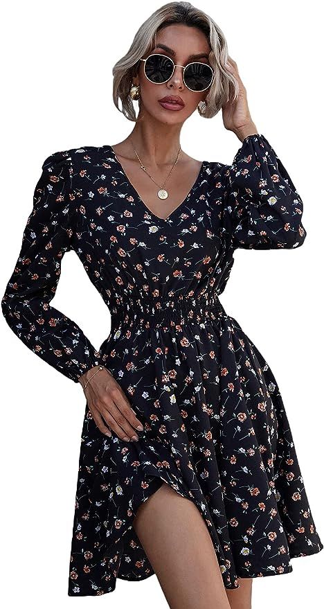 Floerns Women's Floral Print V Neck Bishop Long Sleeve Shirred A Line Dress | Amazon (US)