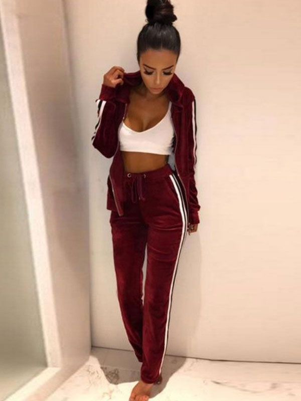 2 Piece Tracksuit Set Velour Women Hooded Long Sleeve Jacket With Sports Pants | Milanoo