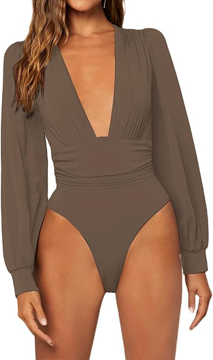 Hilinker Women's Deep V Neck Long Sleeve Sexy Ruched Leotard Jumpsuit Bodysuit Tops | Amazon (US)