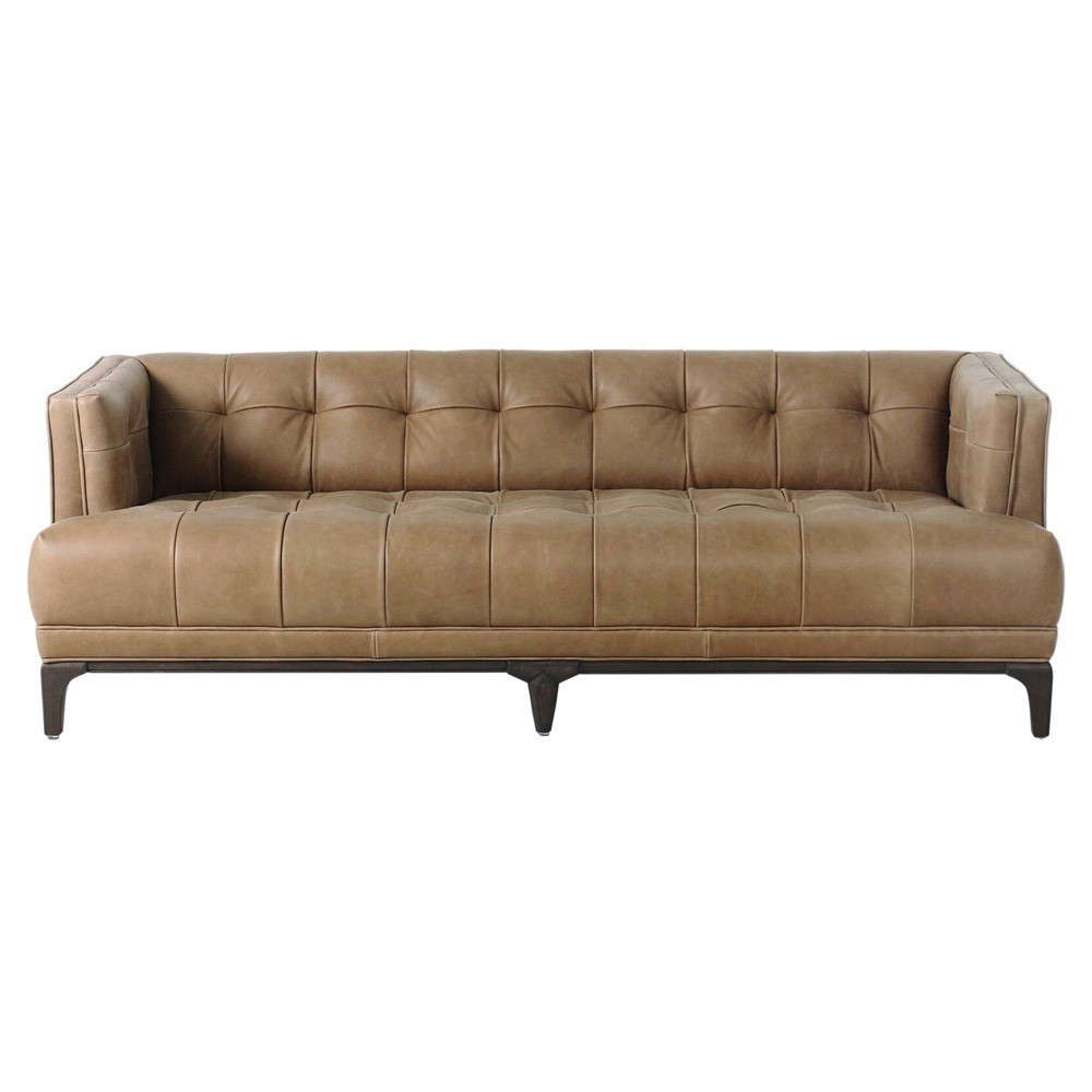 Allen Mid Century Brown Leather Dark Brown Wood Tufted Sofa - 78 | Kathy Kuo Home