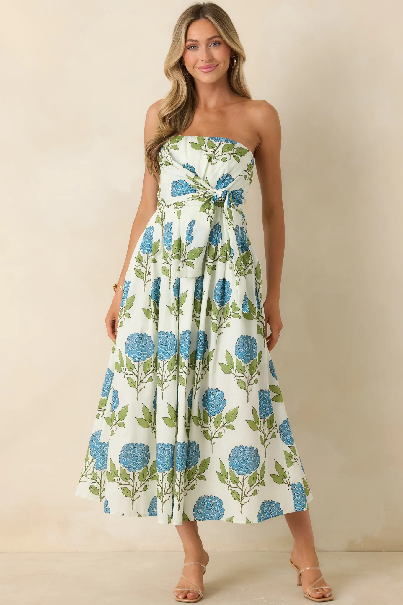 Sunday in Savannah Ivory & Blue Floral Cotton Strapless Midi Dress | Red Dress