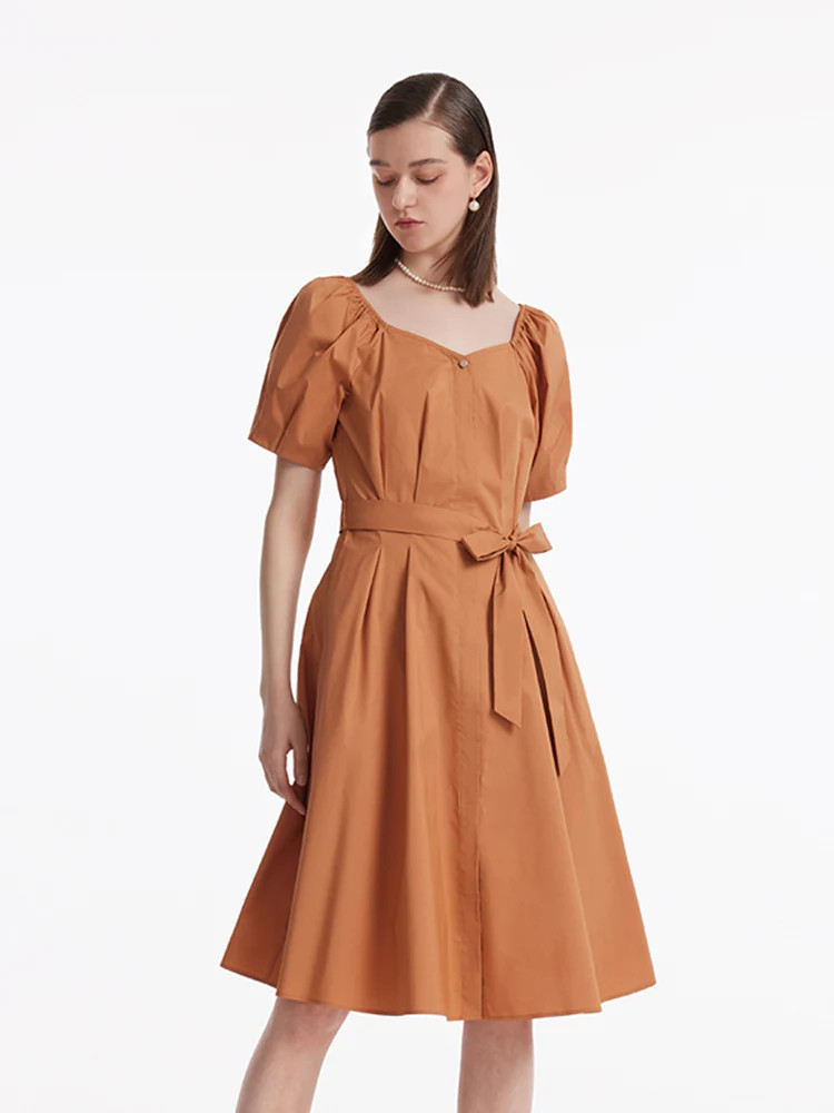 Puff Sleeves Square Neck Women Midi Dress With Belt - Caramel / XXS | GOELIA