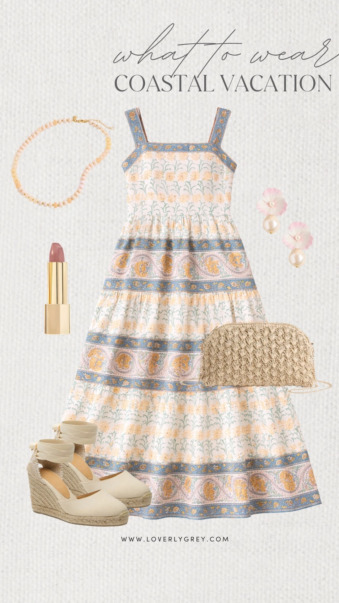 Loverly Grey, what to wear on a coastal vacation! A patterned maxi dress is perfect to pack with you when headed on vacation! Wear it with wedge heels, cute flower earrings, and a beaded necklace! Loverly Grey, what to wear, coastal vacation 

#LTKdayinmylife #LTKootd #LTKgrwm