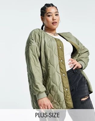 Noisy May Curve collarless onion quilted jacket in khaki | ASOS (Global)