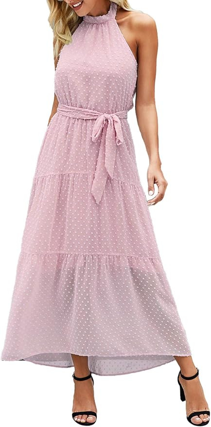 PRETTYGARDEN Women’s Casual Halter Neck Sleeveless Floral Long Maxi Dress Backless Loose Ruffle... | Amazon (US)