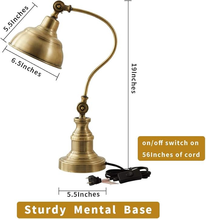 Brass Desk Lamp, Adjustable Table Lamp, Vintage Task Lamp with Rotary Shade Adjustable Height, Re... | Amazon (US)