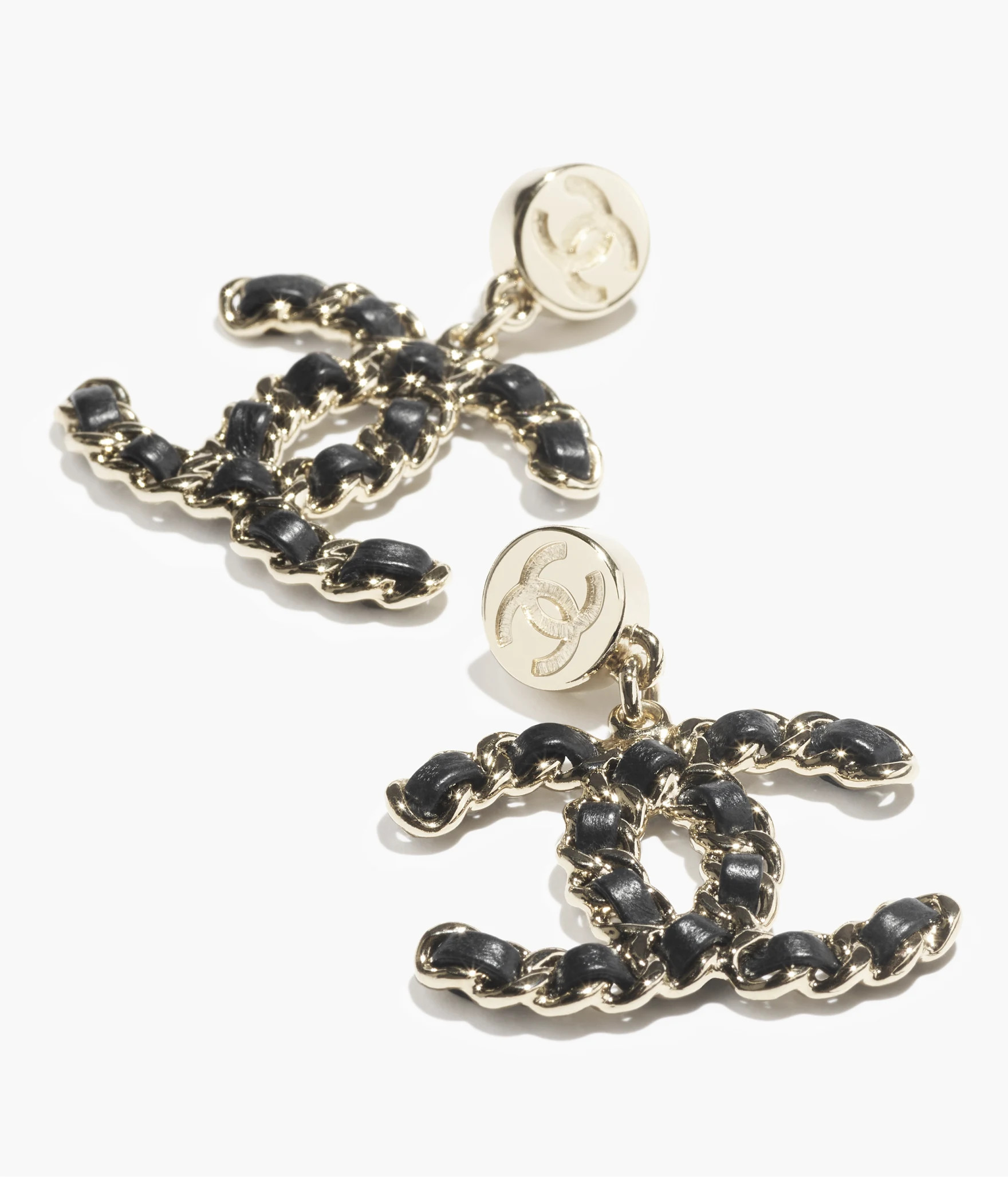 Pendant earrings - Metal & lambskin, gold & black — Fashion | CHANEL | Chanel, Inc. (US)
