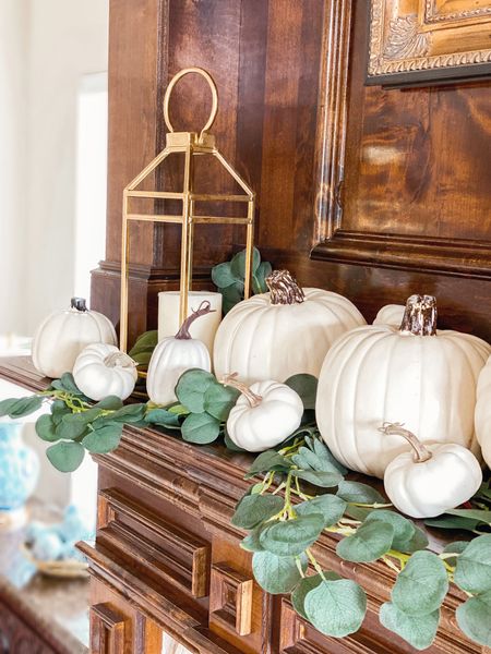 Affordable pumpkin decorations! Love these white pumpkins and green garland makes for an easy and beautiful mantle decorations! 

#LTKHoliday #LTKSeasonal #LTKunder50