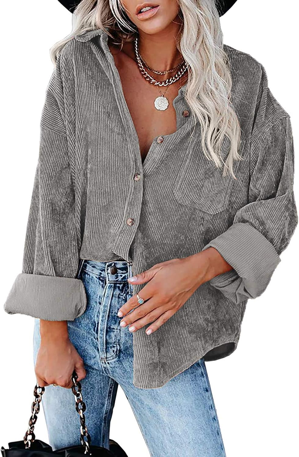 MIHOLL Women Corduroy Long Sleeve Button Down Collared Shirt Jacket Tops | Amazon (US)