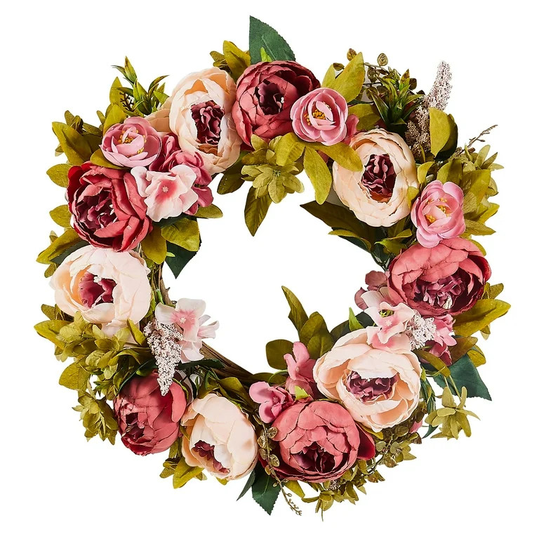 KFFKFF Faux Floral Wreath, 19 inches, Pink, Adorned with Peonies, Hydrangeas, Babysbreath, Suitab... | Walmart (US)