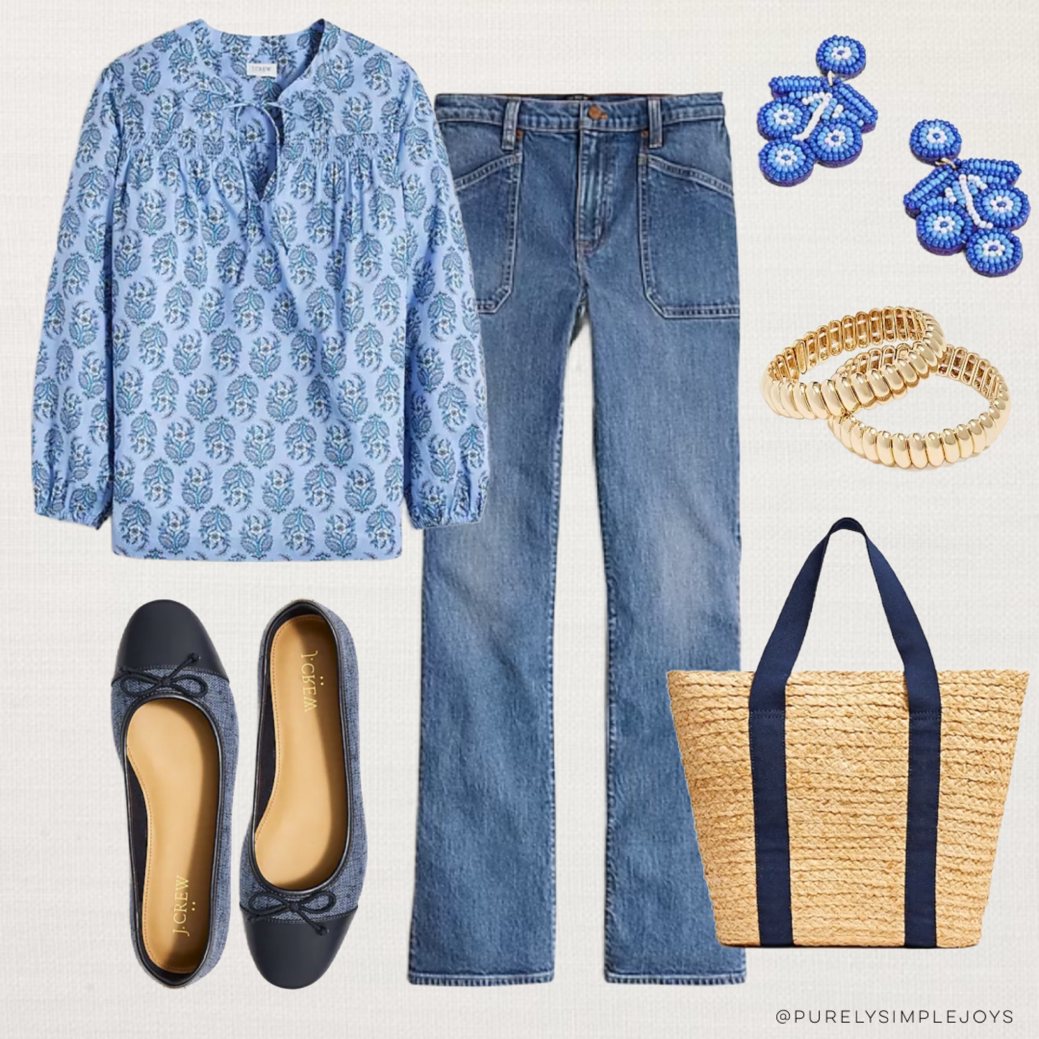 ⭐️ 50% off Spring outfit idea 
Blue and white outfit 
Love the print on this split neck top
Also comes in a dress style
Tweed ballet flats 
Straw handbag 
Bootcut jeans 
Bootcut utility jeans 

#LTKfindsunder50 #LTKsalealert #LTKover40