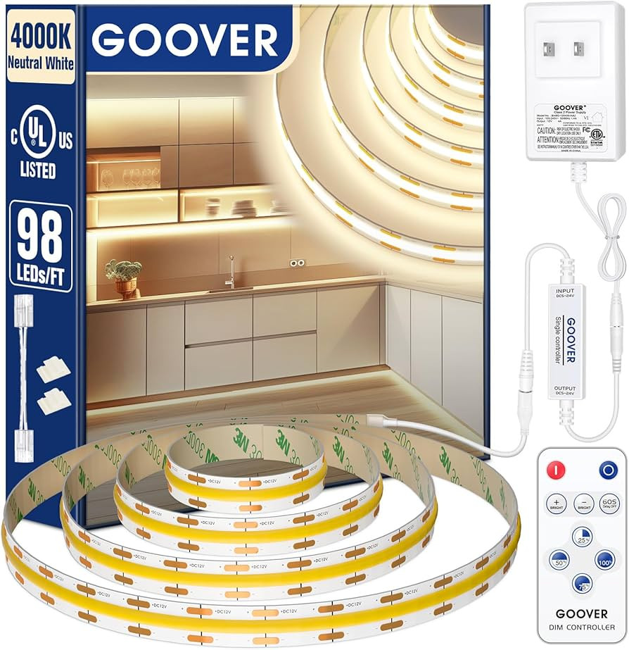 GOOVER COB LED Strip Lights Kit Natural White 4000K, 12V High Density Bright LED Light Strips with Remote, 16.4ft Dimmable Flexible 1600 LEDs Tape Light for Bedroom, Cabinet and Kitchen, UL Listed | Amazon (US)