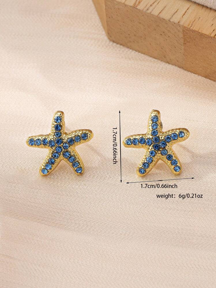 1pair Fashionable Elegant Blue Rhinestone Starfish Stud Earrings | SHEIN