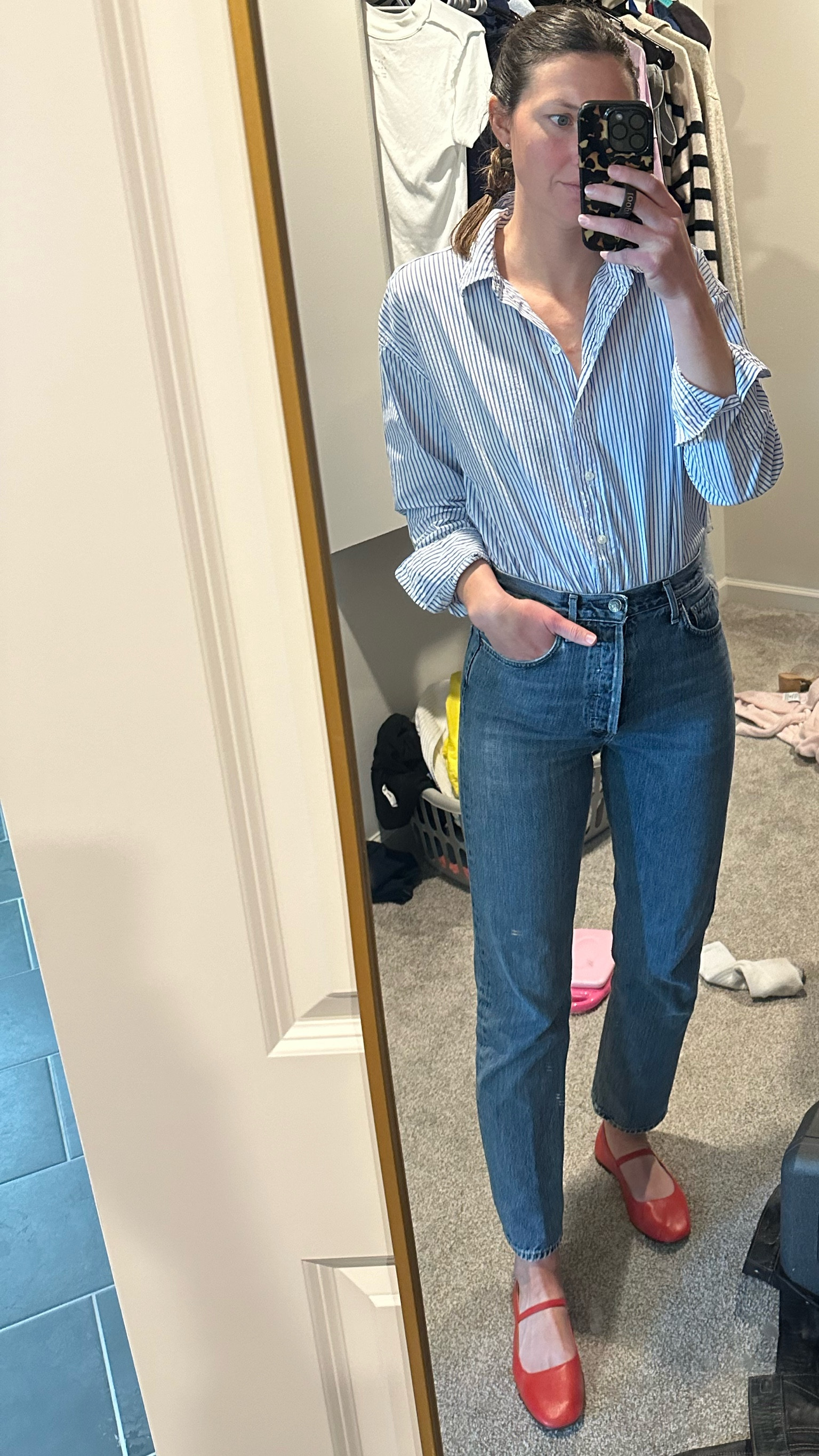 Blue and white button down. Oversized and lightweight. Wearing a small. Love the pop of red with the shoes! 

#LTKstyletip #LTKshoecrush #LTKfindsunder100