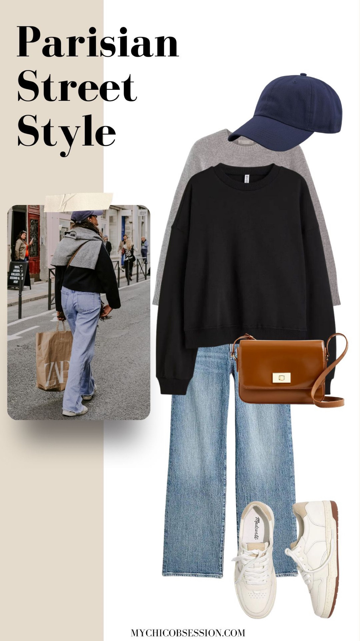 For a cozy fall street style look, try a pair of wide-legged jeans, a black sweatshirt, with a gray sweater tied around the shoulders. Finish the look with a baseball cap and pair of sneakers.

#LTKstyletip #LTKSeasonal