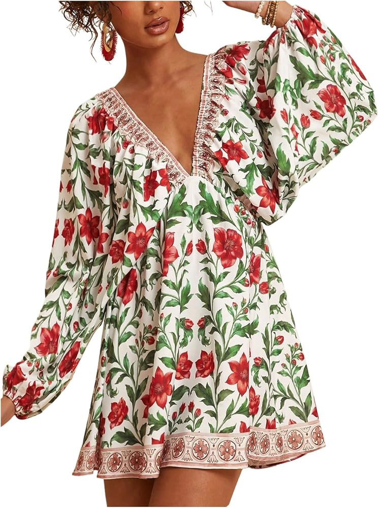 RoseSeek Women's Boho Floral V Neck Mini Dresses Bishop Sleeve Tie Open Back Tropical Dress | Amazon (US)