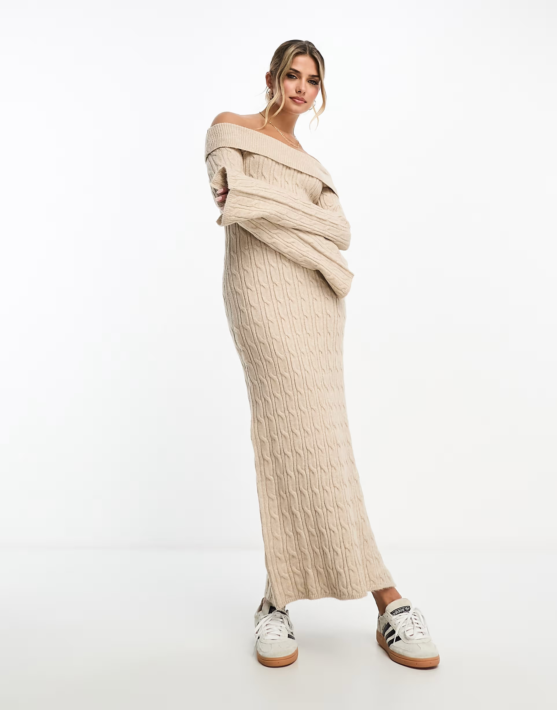 Miss Selfridge rib chunky foldover bardot knit maxi dress in oatmeal | ASOS (Global)