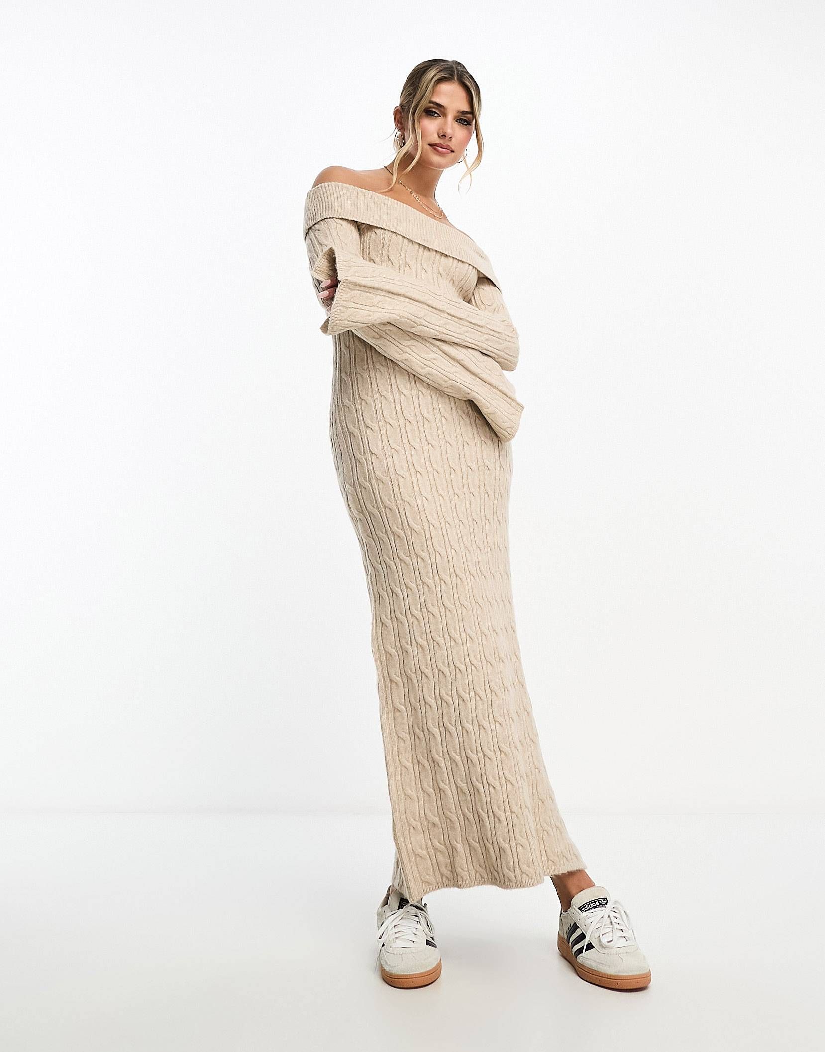 Miss Selfridge rib chunky foldover bardot knit maxi dress in oatmeal | ASOS (Global)