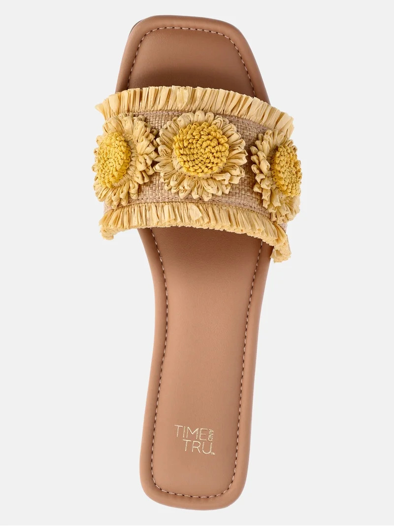 Time and Tru Women's Faux Raffia Daisy Slide Sandals | Walmart (US)