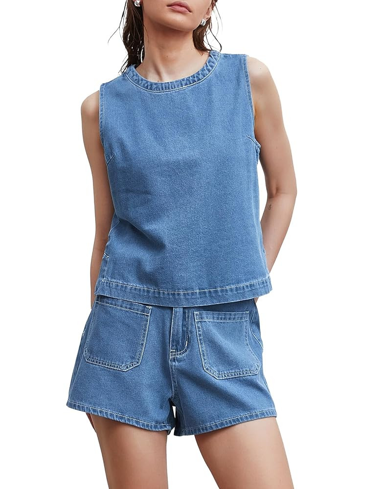 Kedera Summer Denim Set for Women 2 piece Casual Sleeveless Boxy Shirt Tops and Shorts Pants Loun... | Amazon (US)