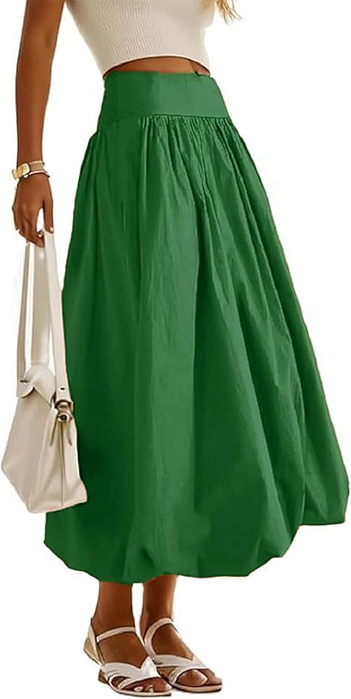 Women's Bubble Long Skirt Elastic Waist A-Line Pleated Ruffle Flowy Balloon Maxi Skirts with Pock... | Amazon (US)