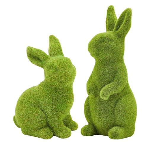 CynynYxy Easter Bunny Decor, 2pcs Flocked Bunny Moss Bunnies Spring Decor Resin Rabbit Figurines for Table Desk Easter Decorations (Large 2pcs) | Amazon (US)