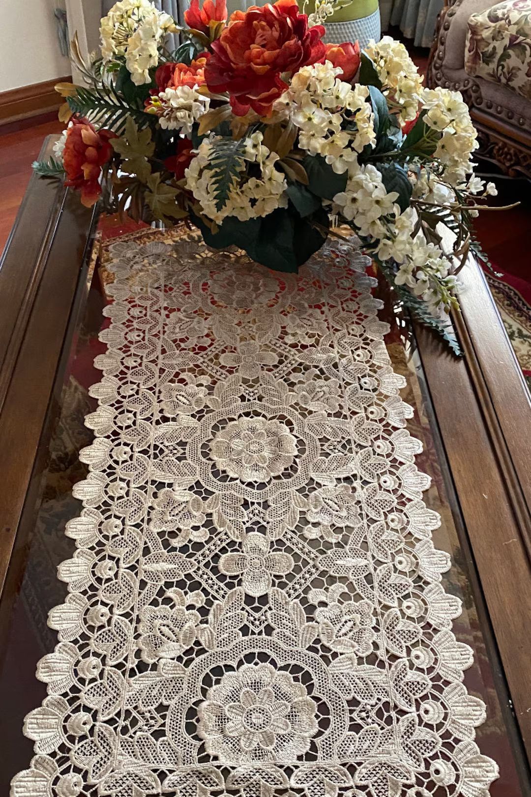 AMT Elegant Vintage Lace Floral Embroidered Linen Table Runner, Dresser Scarf, Place Mat - Beige | Etsy (US)