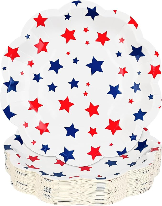 AllReal 48Pcs Patriotic Star Paper Plates Red Blue Stars Disposable Party Plates 7" 4th of July S... | Amazon (US)
