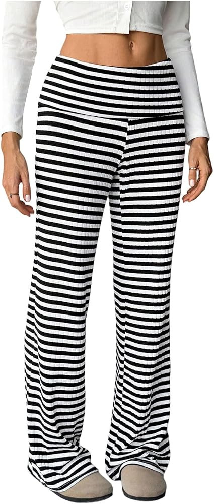 Women's Striped Foldover Pants Ribbed Knit Wide Leg Pants Elastic High Waisted Casual Lounge Trou... | Amazon (US)