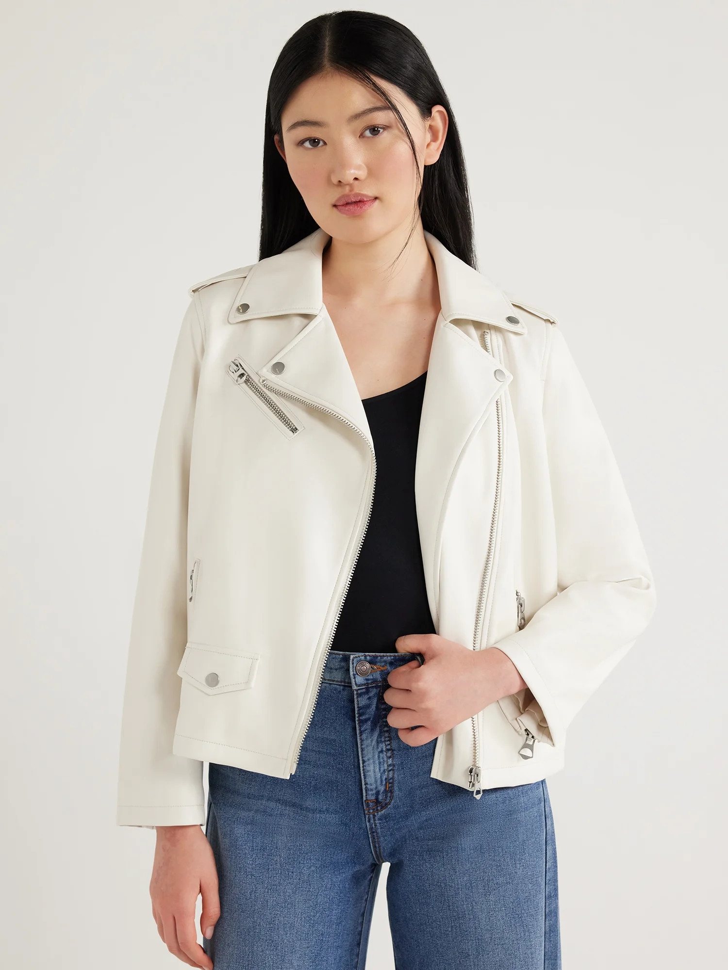 Scoop Women's Faux Leather Asymmetrical Zip Moto Jacket, Sizes XS-XXL | Walmart (US)