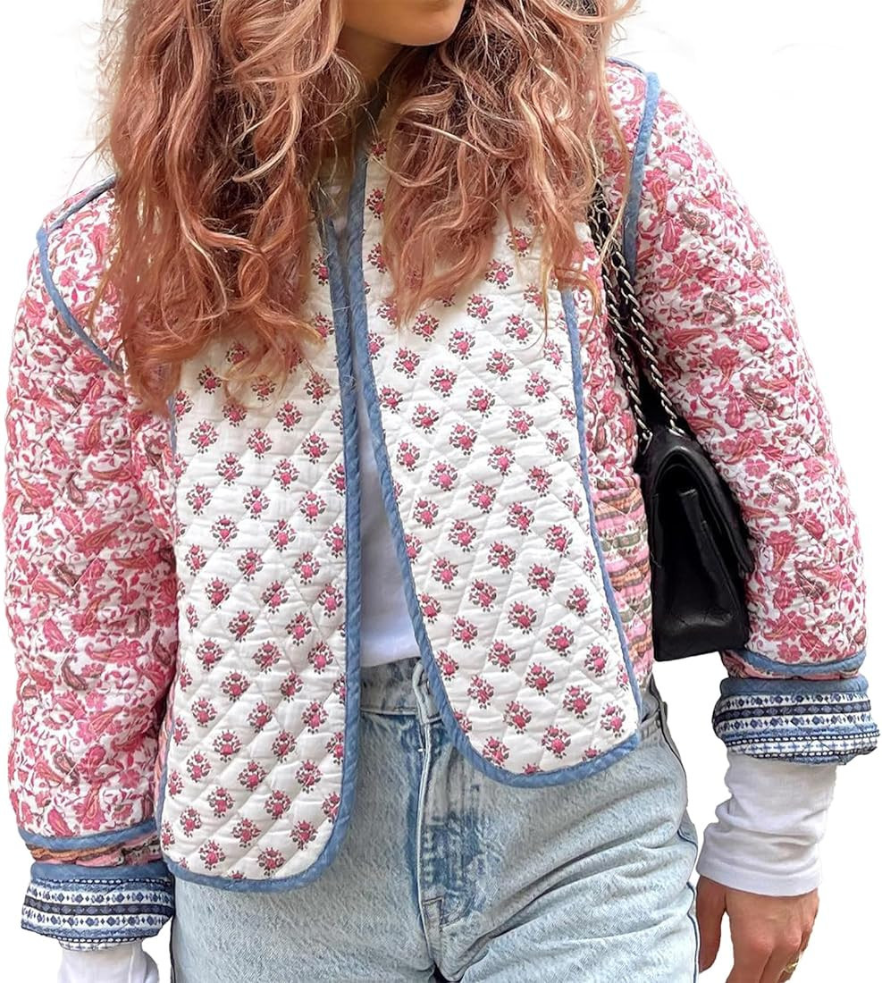 Duyang Women's Cropped Puffer Jacket Lightweight Floral Printed Open Front Quilted Coat Winter Wa... | Amazon (US)