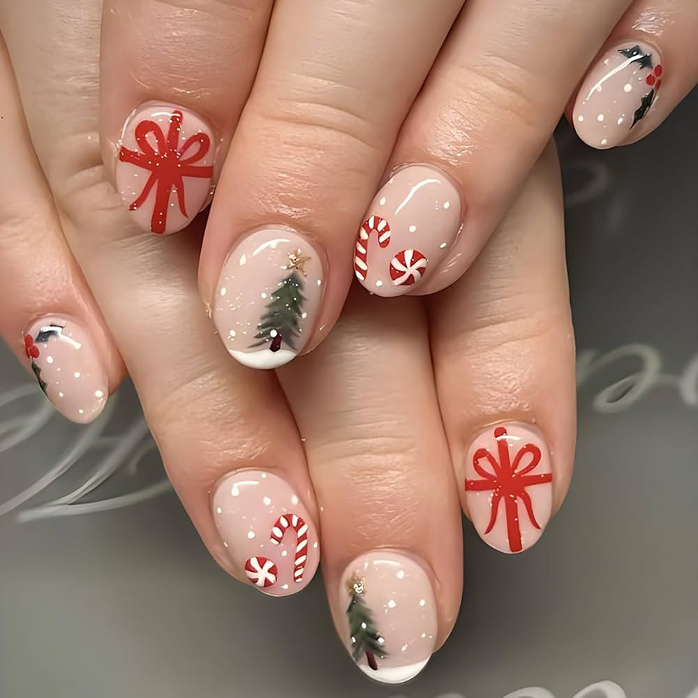 Christmas Press on Nails Short Oval OFDNE French Tip Fake Nails Nude False Nails with Bow Christm... | Amazon (US)