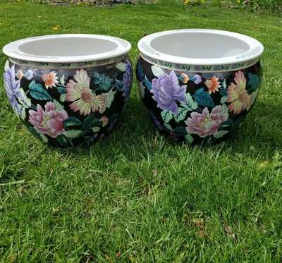 Pair Of Large Vintage Asian Porcelain Reverse Fishbowl Jardiniere Planter Pot | eBay AU