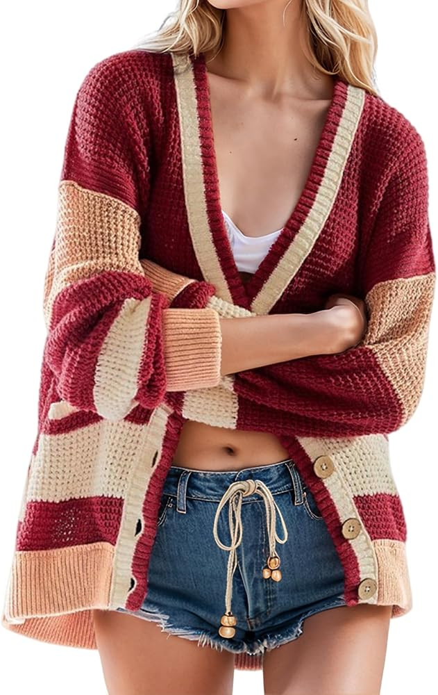 Yimoon Womens Oversized Chunky Cardigan Color Block Open Front Sweaters V-Neck Button Down Knit O... | Amazon (US)