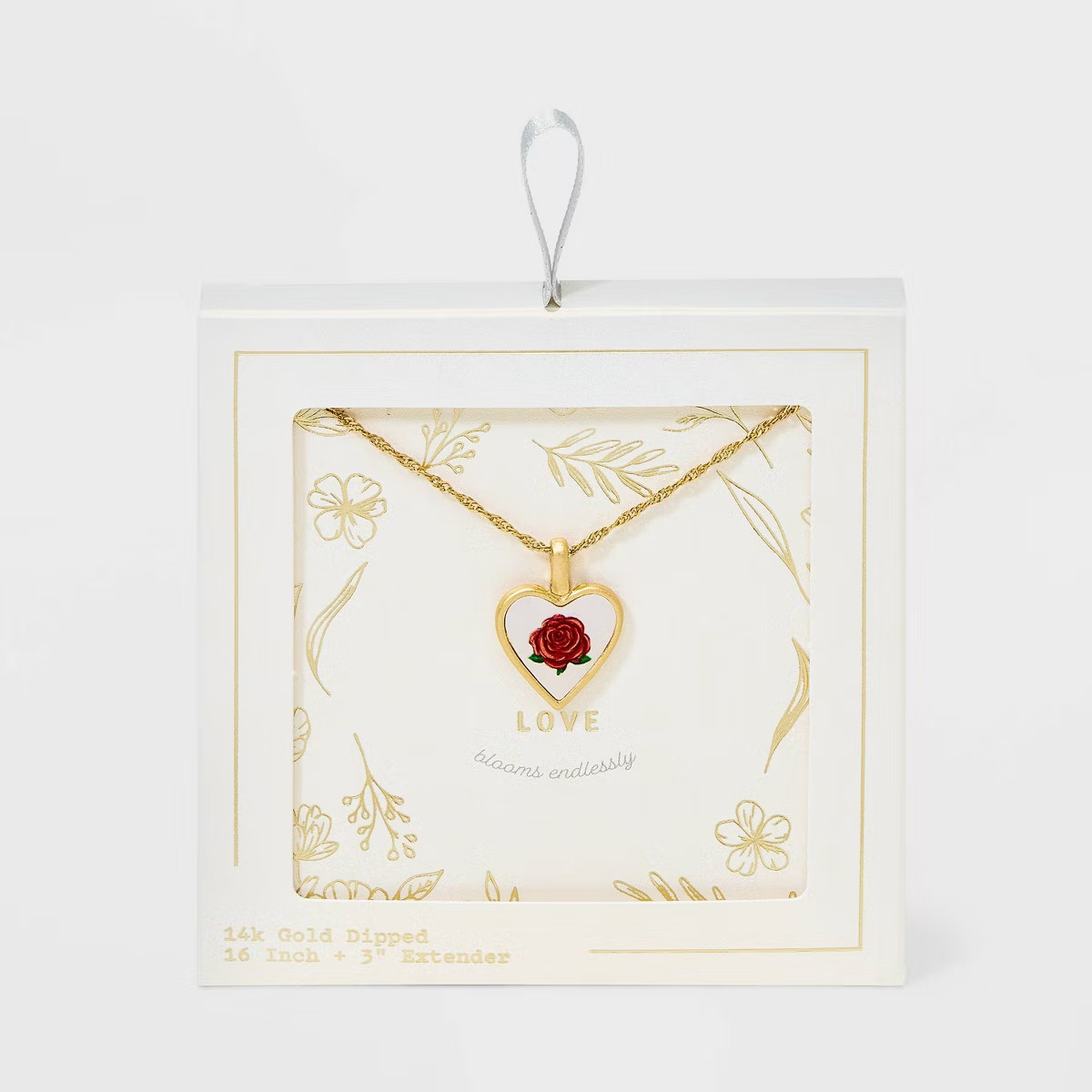 Valentine's Day 14K Gold Dipped Rose Mother of Pearl Heart Pendant Necklace - Ivory/Red | Target