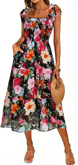 Simplee Women Floral Summer Sun Dress Flutter Sleeve Smocked Chiffon Midi Dress Casual Boho Flowy... | Amazon (US)