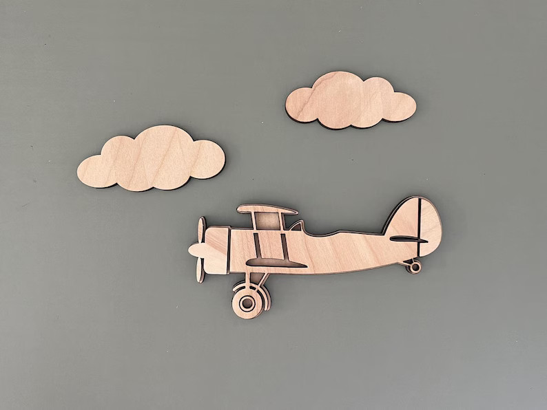 Wooden Nursery Airplane and Clouds Nursery Room Decor - Unfinished, Various Sizes Available - Ets... | Etsy (US)