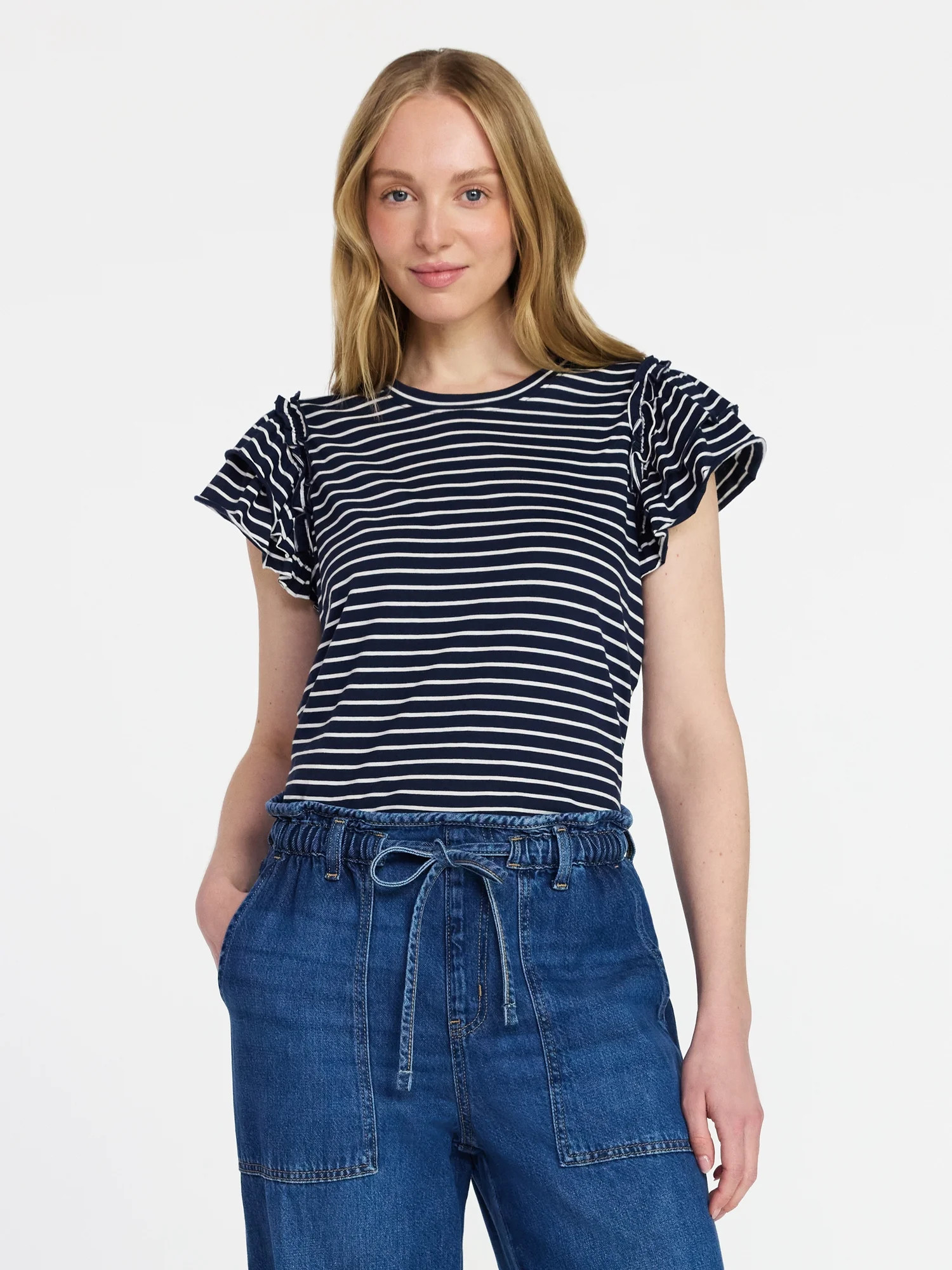 Time and Tru Women's Cotton Crewneck Tee with Ruffle Flutter Sleeves, Sizes XS-XXXL | Walmart (US)