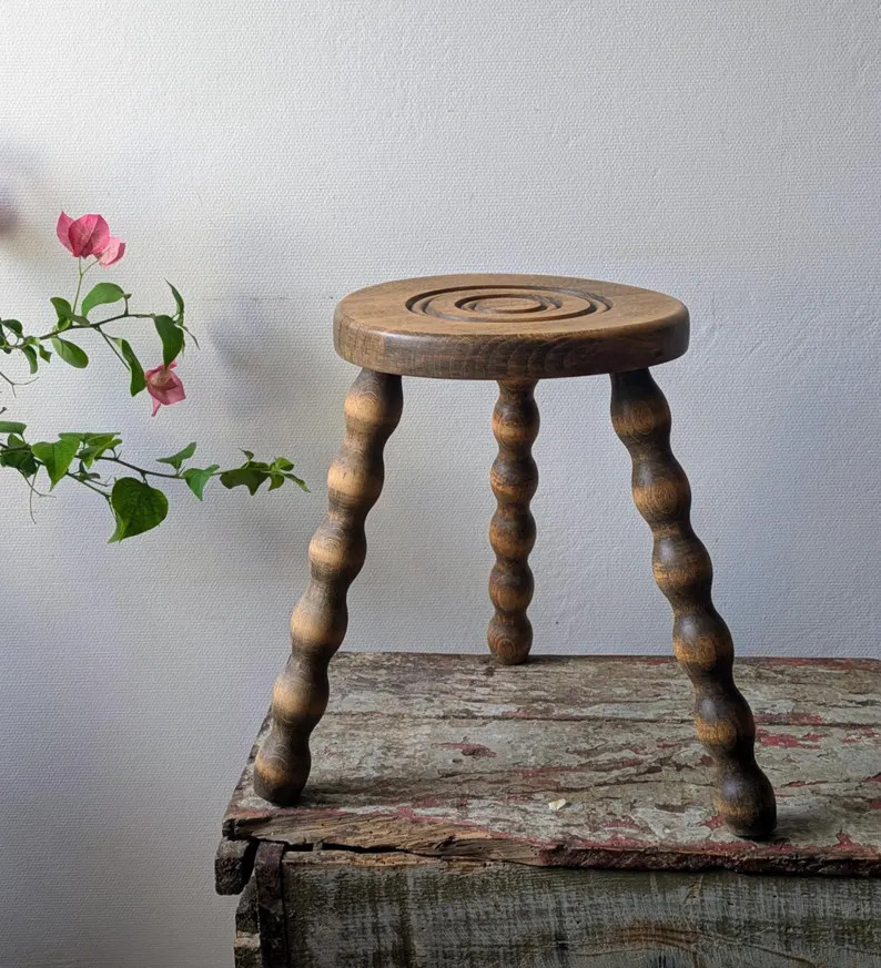 French Vintage Stool, 3 Legged Bobbin Wooden Farmhouse Seating - Etsy | Etsy (Global)