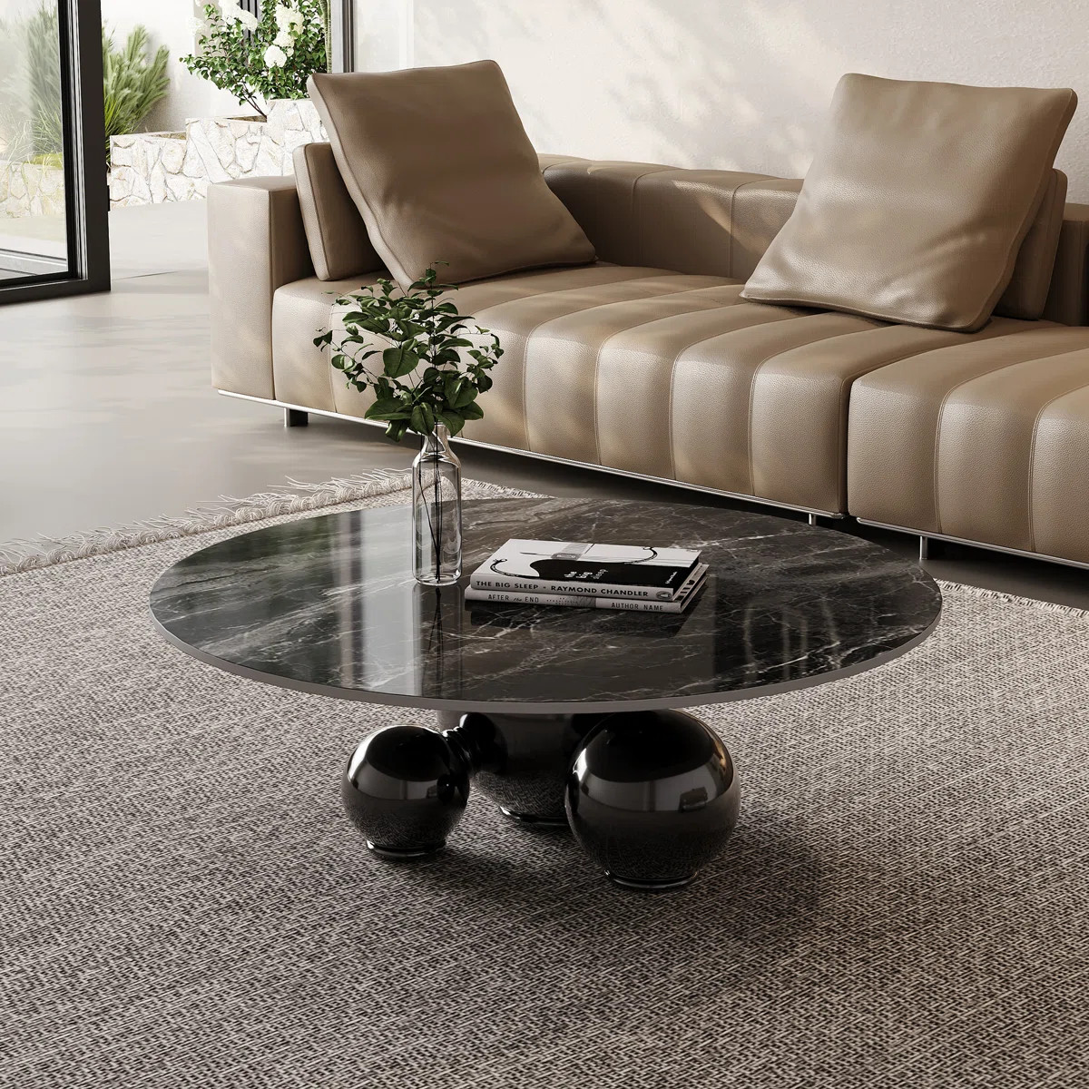 39.4" Modern Round Coffee Table with Glossy Sintered Stone Table-top, Livingroom Table with Stain... | Wayfair North America