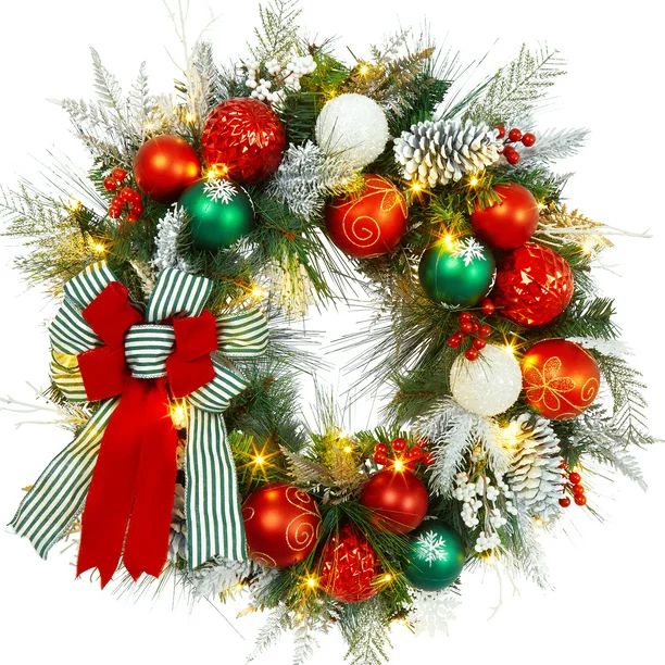 Fashionwu 30 Inch Christmas Wreath with LED Lights, Green Xmas Garland Full with Christmas Ball, ... | Walmart (US)