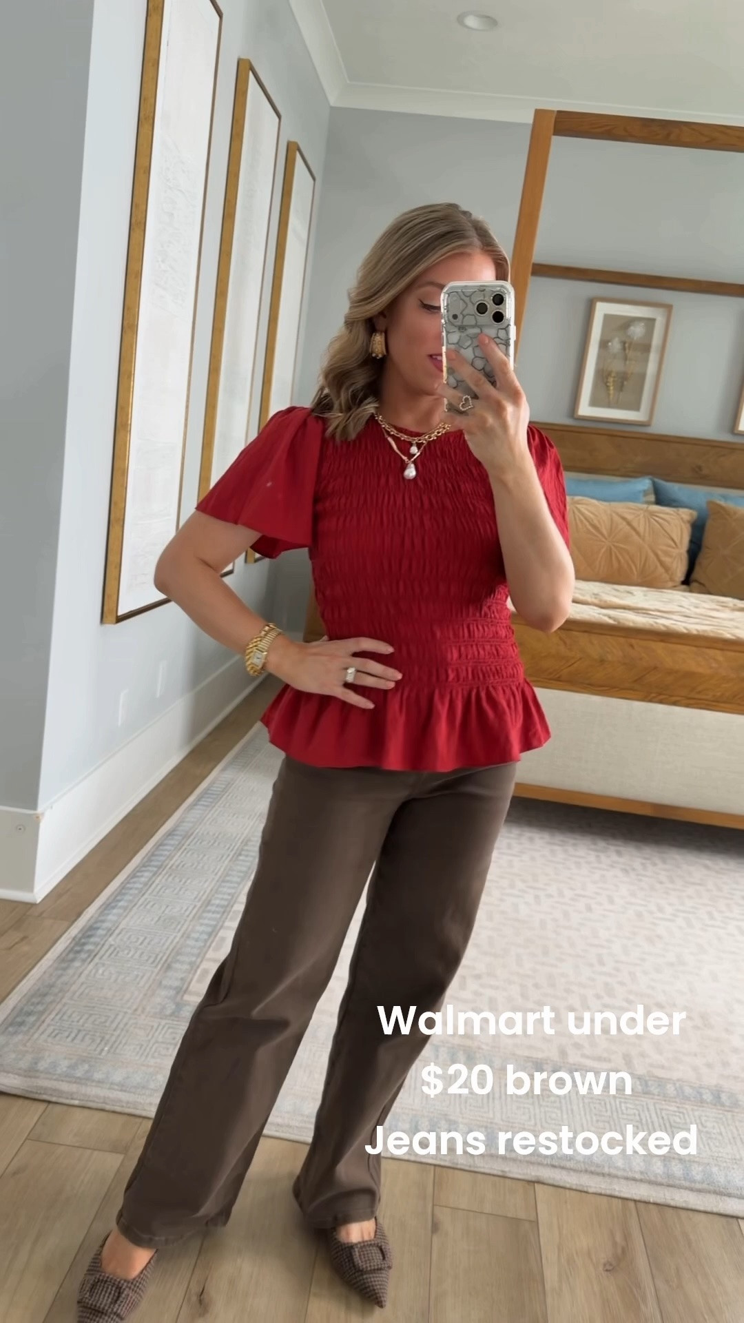 These under $20 Walmart jeans are FINALLY RESTOCKED! 🤎 The chocolate brown color is such a good alternative to classic denim and absolutely perfect for transitioning into fall. I paired them with this gorgeous red smocked peplum top, layered gold jewelry and pointed-toe flats for an easy elevated Walmart outfit. I love finding affordable Walmart fashion pieces that look so much more expensive than they are!

#walmartfashion #walmartfinds #walmartstyle #walmartnewarrivals #walmartfashionfinds #walmartoutfit #walmartjeans #affordablefashion #affordablestyle #fallfashion #falloutfit #falloutfitideas #brownjeans #everydaystyle #momstyle #budgetfashion

#LTKootd #LTKPetite
