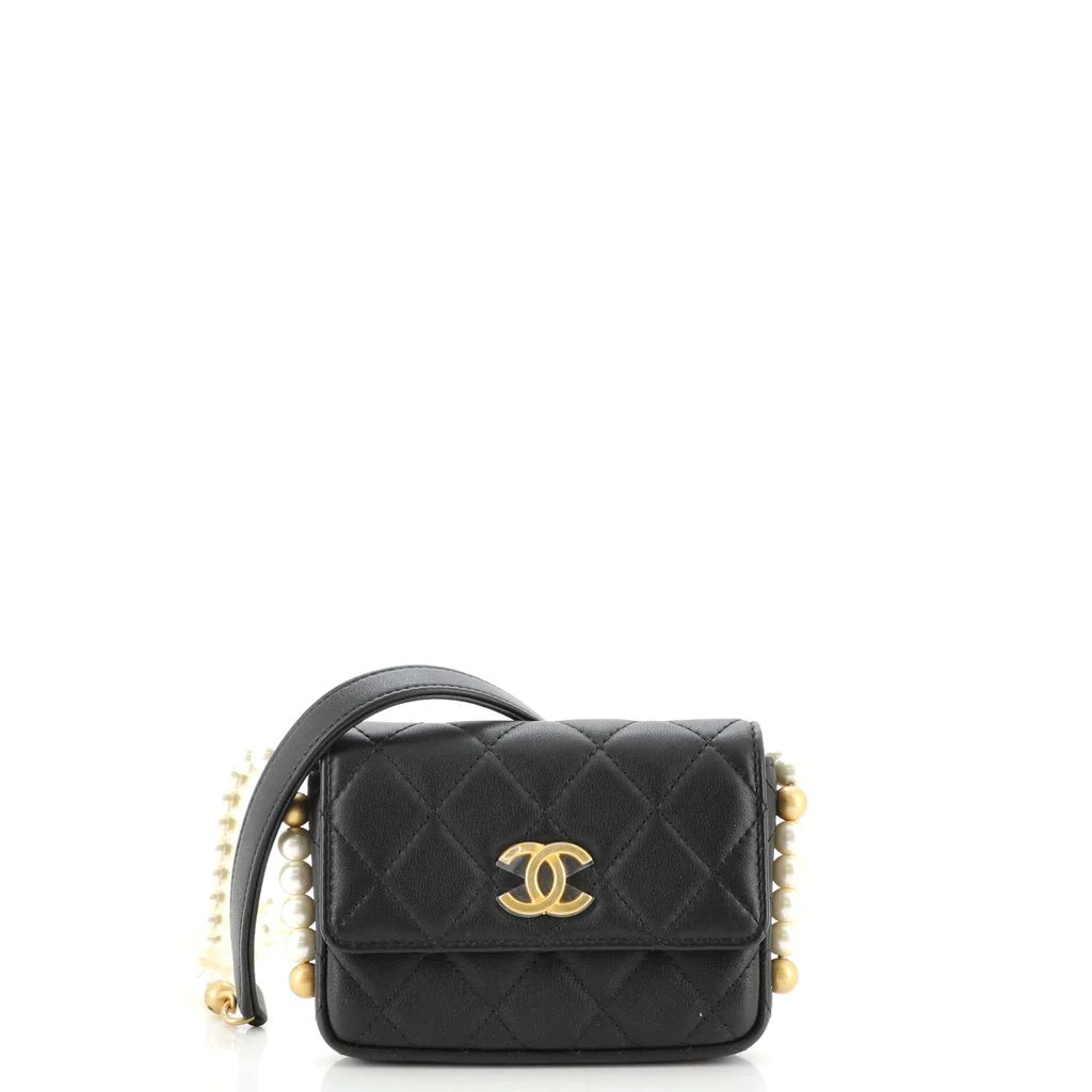 Chanel About Pearls Flap Card Holder with Chain Quilted Calfskin Black 1445621 | Rebag