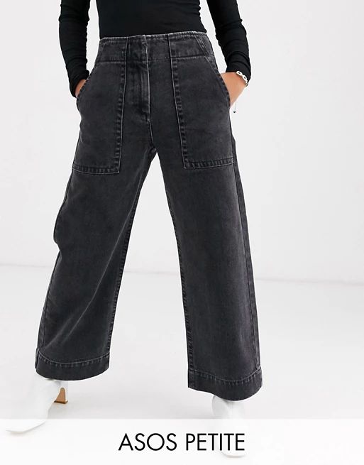 ASOS DESIGN Petite Cropped wide leg carpenter jeans in washed black | ASOS US
