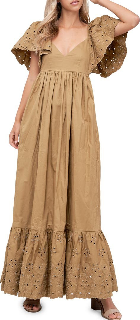 Eyelet Detail Flutter Sleeve Poplin Maxi Dress | Nordstrom | Nordstrom