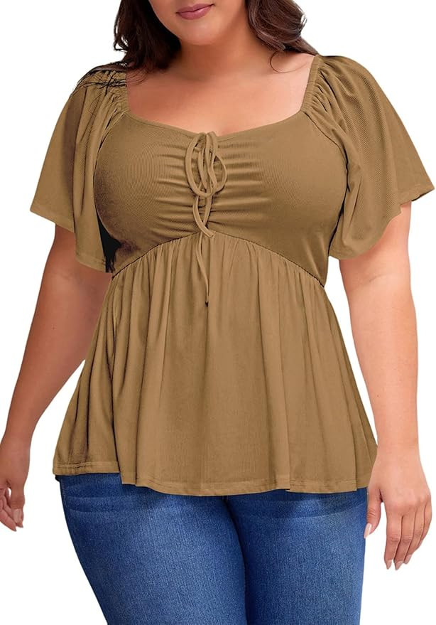 Eytino Womens Plus Size Tops Short Sleeve Sweetheart Neck Shirred Peplum Blouse Shirts(1X-5X) | Amazon (US)