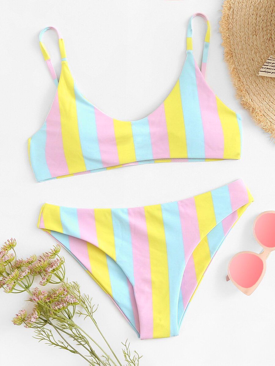 Striped Thin Strap Top With High Leg Bikini Set | SHEIN