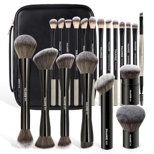 MAANGE 20 PCS Makeup Brush Set with Bag, Double-ended Kabuki Brush Foundation Contour Brush for Liquid Powder Concealer Eye Shadows Cream Cosmetics Blending Blush Face Makeup Tools with Case (Black) | Amazon (US)