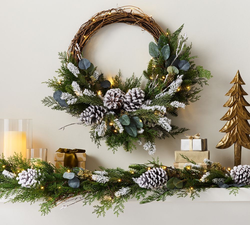 Pre-Lit Faux Frosted Greens &amp; Pinecones Wreath &amp; Garland | Pottery Barn (US)