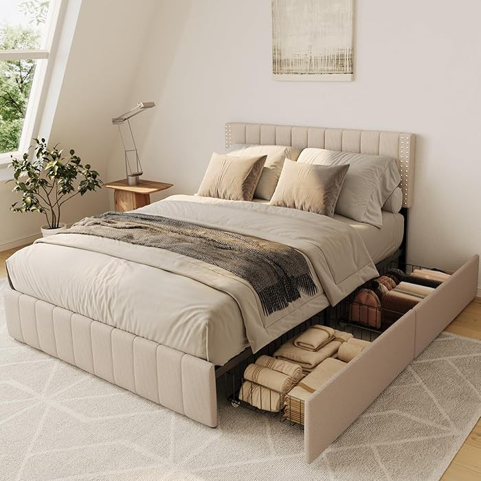 Gizoon Base de cama tamaño Queen tapizada con 4 cajones de almacenamiento, cabecero ajustable, s... | Amazon (US)